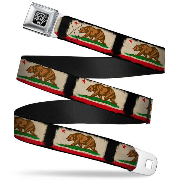 Buckle-Down BD Wings Logo CLOSE-UP Full Color Black Silver Seatbelt Belt - California Flag Distressed Painting Blocks Webbing