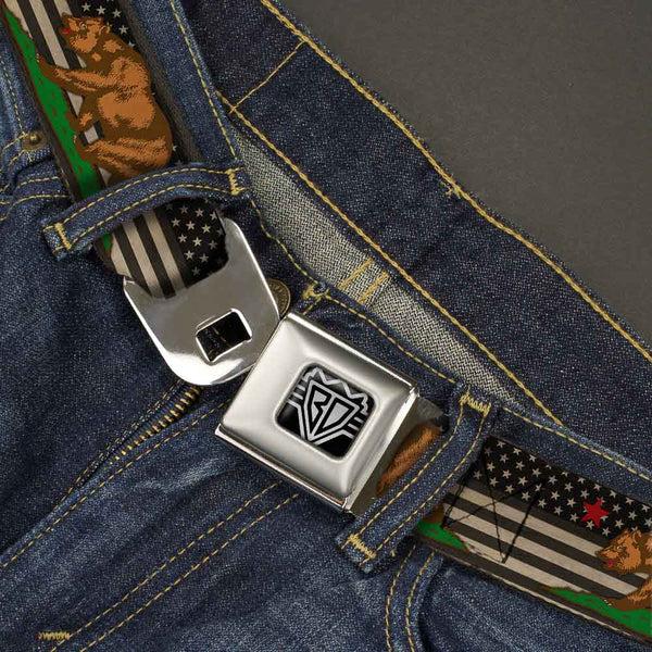 Buckle-Down BD Wings Logo CLOSE-UP Full Color Black Silver Seatbelt Belt - Cali Bear/Star/US Flag Stretch Black/White/Red Webbing
