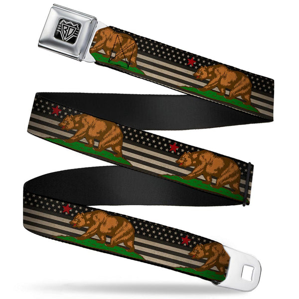 Buckle-Down BD Wings Logo CLOSE-UP Full Color Black Silver Seatbelt Belt - Cali Bear/Star/US Flag Stretch Black/White/Red Webbing