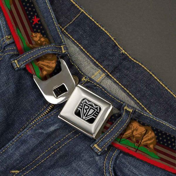 Buckle-Down BD Wings Logo CLOSE-UP Full Color Black Silver Seatbelt Belt - Cali Bear/Star/Stripe/US Flag Stretch Webbing