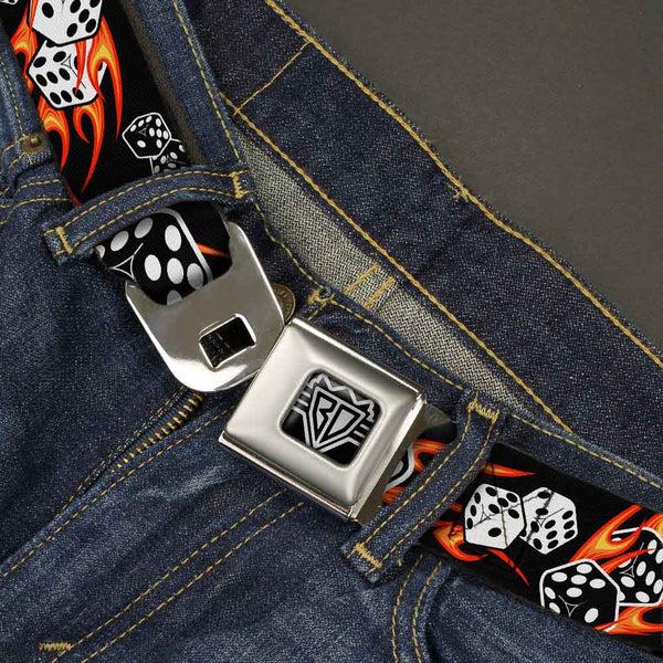 Buckle-Down BD Wings Logo CLOSE-UP Full Color Black Silver Seatbelt Belt - Flaming Dice Webbing
