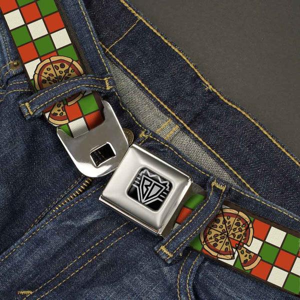 Buckle-Down BD Wings Logo CLOSE-UP Full Color Black Silver Seatbelt Belt - Pizza Pies Webbing