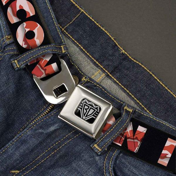 Buckle-Down BD Wings Logo CLOSE-UP Full Color Black Silver Seatbelt Belt - I "Heart" BACON Black/Bacon Webbing