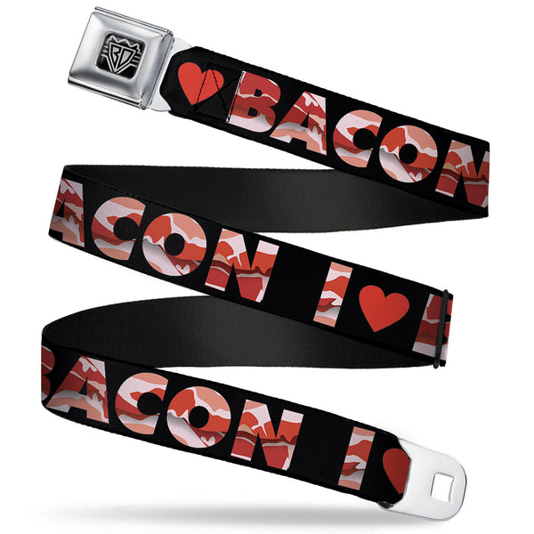 Buckle-Down BD Wings Logo CLOSE-UP Full Color Black Silver Seatbelt Belt - I "Heart" BACON Black/Bacon Webbing