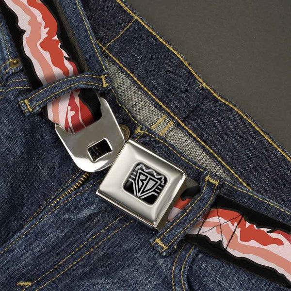 Buckle-Down BD Wings Logo CLOSE-UP Full Color Black Silver Seatbelt Belt - Bacon Webbing