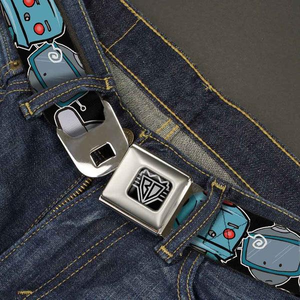 Buckle-Down BD Wings Logo CLOSE-UP Full Color Black Silver Seatbelt Belt - Robots CLOSE-UP Black Webbing