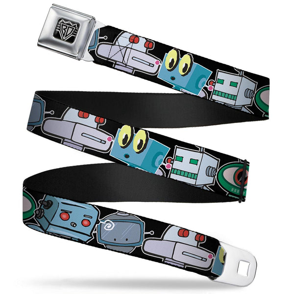 Buckle-Down BD Wings Logo CLOSE-UP Full Color Black Silver Seatbelt Belt - Robots CLOSE-UP Black Webbing