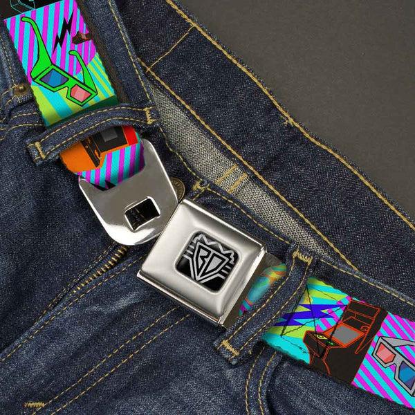 Buckle-Down BD Wings Logo CLOSE-UP Full Color Black Silver Seatbelt Belt - Eighties Arcade Multi Neon Stripes Webbing