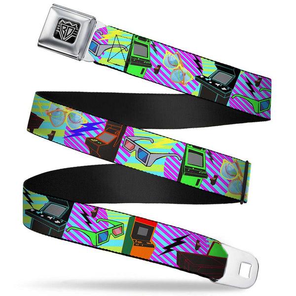 Buckle-Down BD Wings Logo CLOSE-UP Full Color Black Silver Seatbelt Belt - Eighties Arcade Multi Neon Stripes Webbing