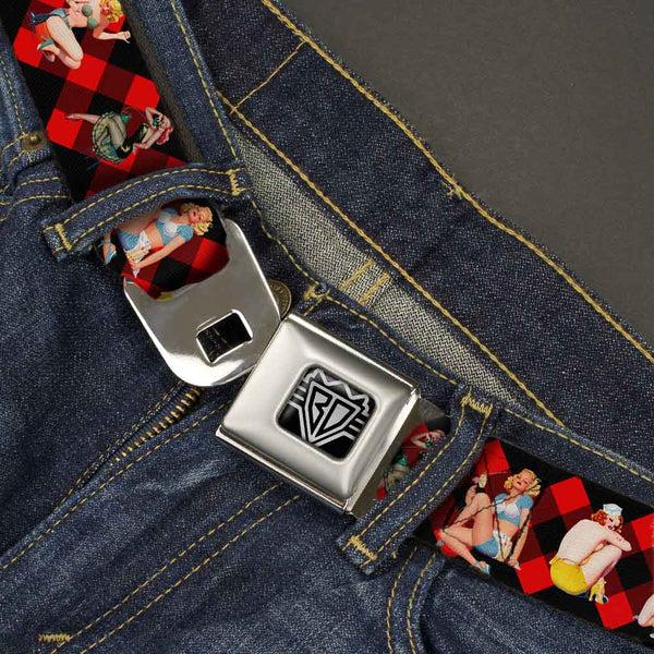 Buckle-Down BD Wings Logo CLOSE-UP Full Color Black Silver Seatbelt Belt - Pin Up Girl Poses Buffalo Plaid Blocks Black/Red Webbing