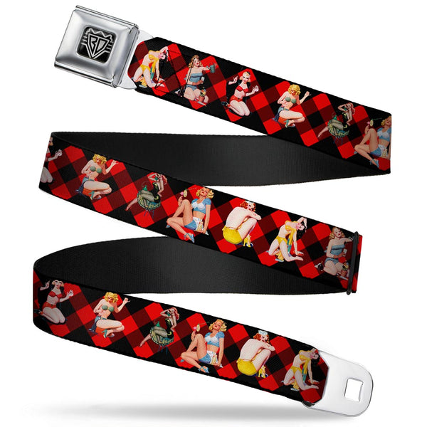 Buckle-Down BD Wings Logo CLOSE-UP Full Color Black Silver Seatbelt Belt - Pin Up Girl Poses Buffalo Plaid Blocks Black/Red Webbing
