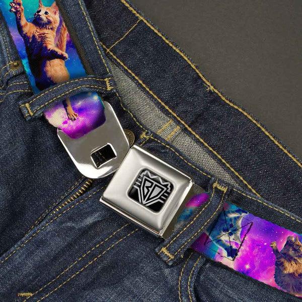 Buckle-Down BD Wings Logo CLOSE-UP Full Color Black Silver Seatbelt Belt - Cats In Space Pinks/Blues Webbing