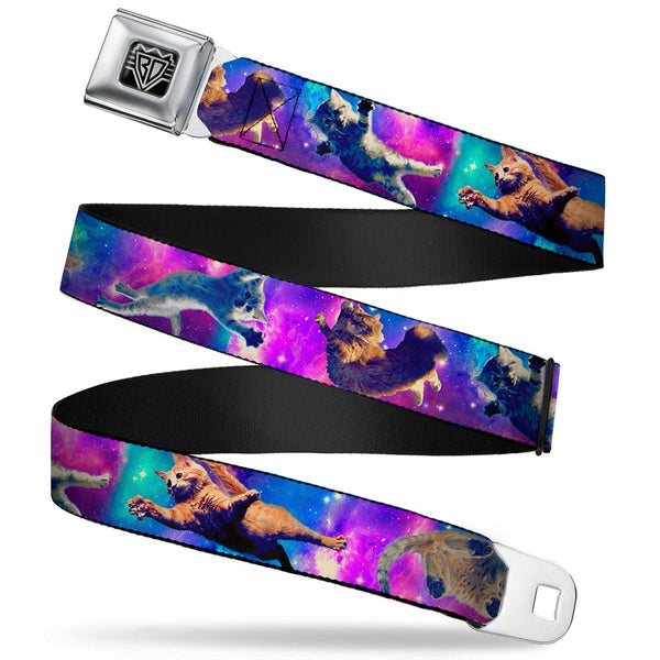 Buckle-Down BD Wings Logo CLOSE-UP Full Color Black Silver Seatbelt Belt - Cats in Space Pinks/Blues Webbing