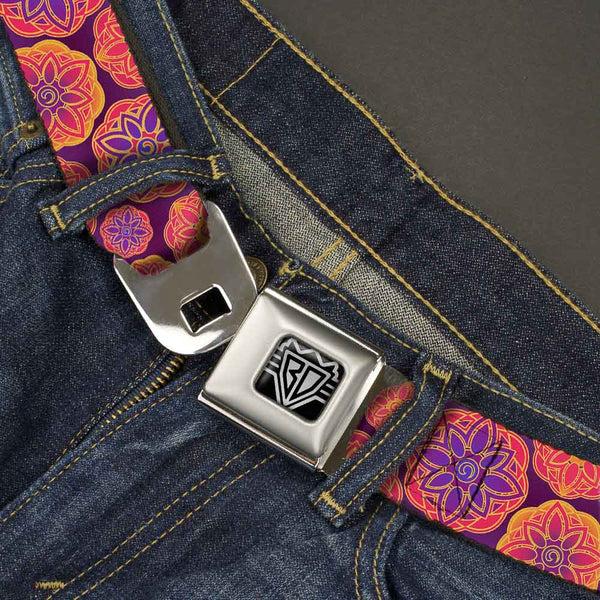 Buckle-Down BD Wings Logo CLOSE-UP Full Color Black Silver Seatbelt Belt - Boho Mandala Purples/Oranges/Pinks Webbing