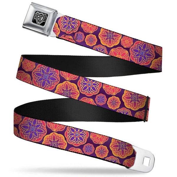 Buckle-Down BD Wings Logo CLOSE-UP Full Color Black Silver Seatbelt Belt - Boho Mandala Purples/Oranges/Pinks Webbing