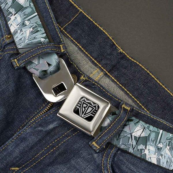 Buckle-Down BD Wings Logo CLOSE-UP Full Color Black Silver Seatbelt Belt - Crystals3 Clear Webbing