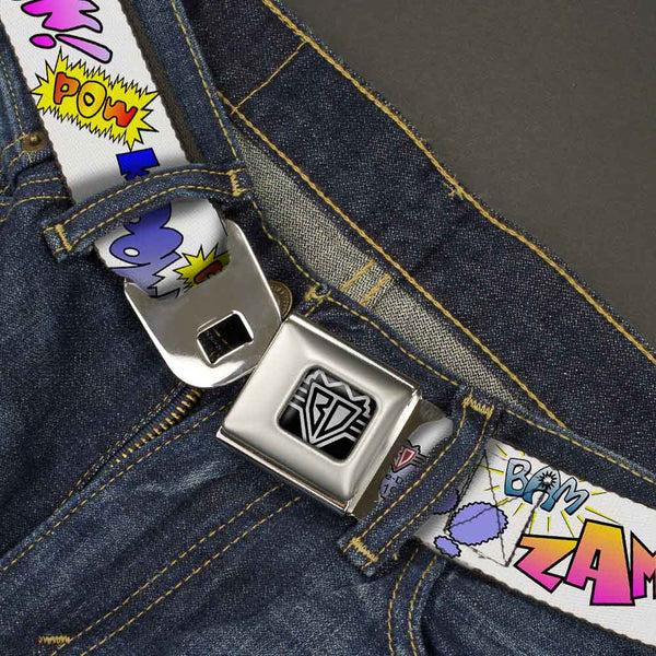 Buckle-Down BD Wings Logo CLOSE-UP Full Color Black Silver Seatbelt Belt - Sound Effects White/Pastel Webbing