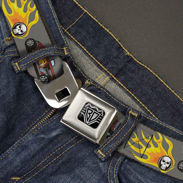 Buckle-Down BD Wings Logo CLOSE-UP Full Color Black Silver Seatbelt Belt - Hot Rod W/Flame Skull Webbing