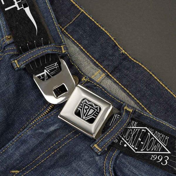 Buckle-Down BD Wings Logo CLOSE-UP Full Color Black Silver Seatbelt Belt - BD AUTHENTIC SEATBELT BELT NY-LA Black/White Webbing