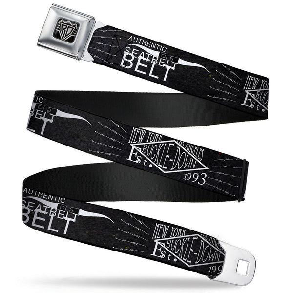 Buckle-Down BD Wings Logo CLOSE-UP Full Color Black Silver Seatbelt Belt - BD AUTHENTIC SEATBELT BELT NY-LA Black/White Webbing