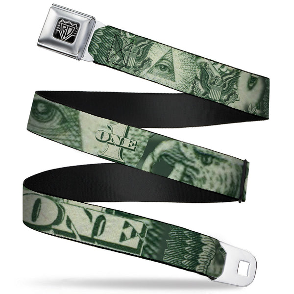 Buckle-Down BD Wings Logo CLOSE-UP Full Color Black Silver Seatbelt Belt - One Dollar Bill Eye of Providence/Bald Eagle CLOSE-UP Webbing