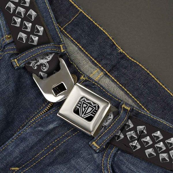 Buckle-Down BD Wings Logo CLOSE-UP Full Color Black Silver Seatbelt Belt - Fleur-de-Lis/Studs Black/Grays Webbing
