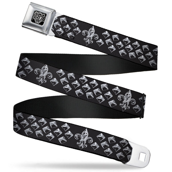 Buckle-Down BD Wings Logo CLOSE-UP Full Color Black Silver Seatbelt Belt - Fleur-de-Lis/Studs Black/Grays Webbing