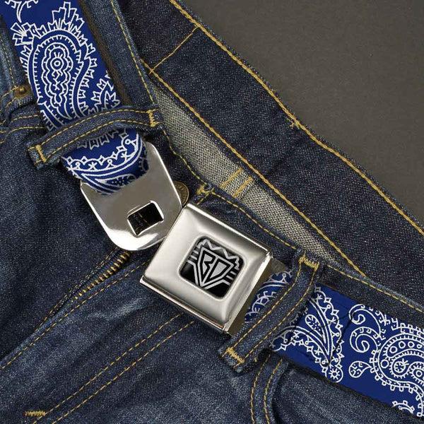 Buckle-Down BD Wings Logo CLOSE-UP Full Color Black Silver Seatbelt Belt - Paisley Blue/White Webbing