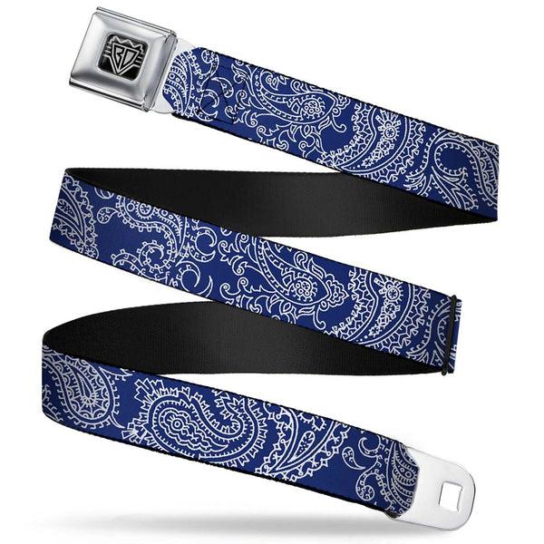 Buckle-Down BD Wings Logo CLOSE-UP Full Color Black Silver Seatbelt Belt - Paisley Blue/White Webbing