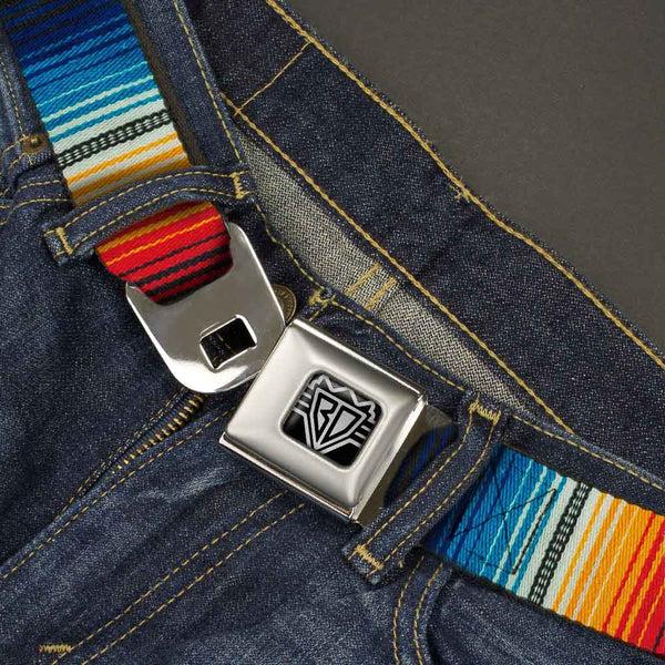 Buckle-Down BD Wings Logo CLOSE-UP Full Color Black Silver Seatbelt Belt - Zarape2 Vertical Multi Color Stripe Webbing