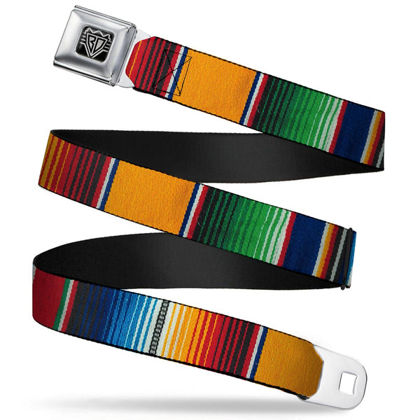 Buckle-Down BD Wings Logo CLOSE-UP Full Color Black Silver Seatbelt Belt - Zarape2 Vertical Multi Color Stripe Webbing