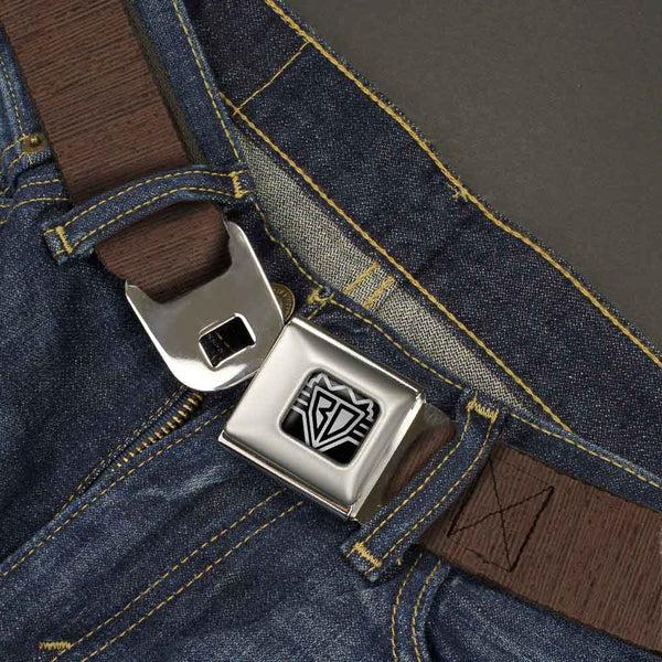 Buckle-Down BD Wings Logo CLOSE-UP Full Color Black Silver Seatbelt Belt - Wood Grain Vertical Brown Webbing