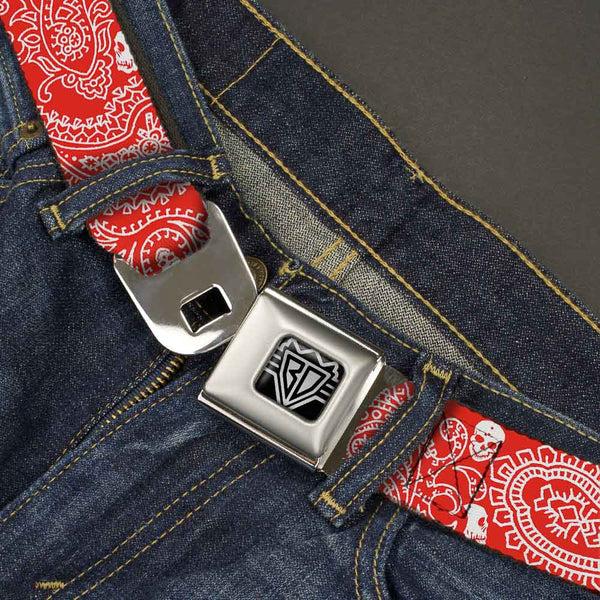Buckle-Down BD Wings Logo CLOSE-UP Full Color Black Silver Seatbelt Belt - Bandana/Skulls Red/White Webbing