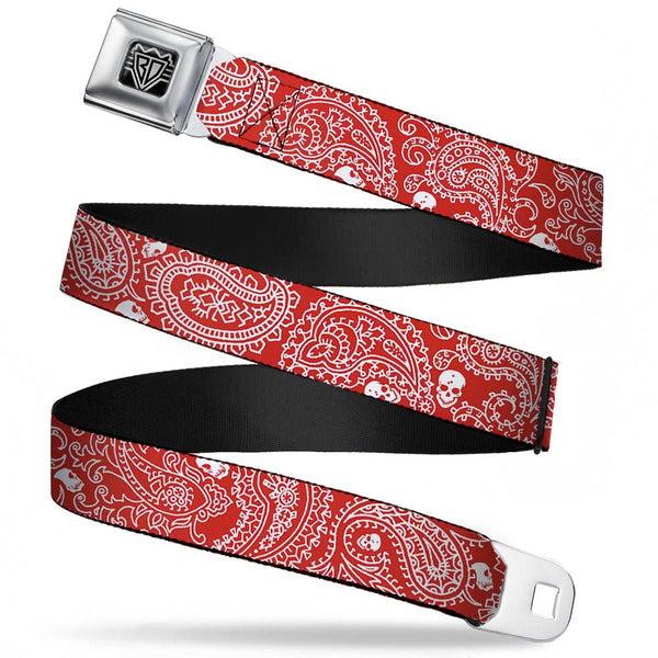Buckle-Down BD Wings Logo CLOSE-UP Full Color Black Silver Seatbelt Belt - Bandana/Skulls Red/White Webbing