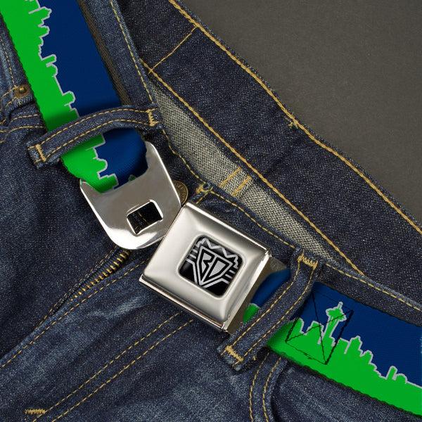 Buckle-Down BD Wings Logo CLOSE-UP Full Color Black Silver Seatbelt Belt - Seattle Skyline Navy/Gray/Green Webbing