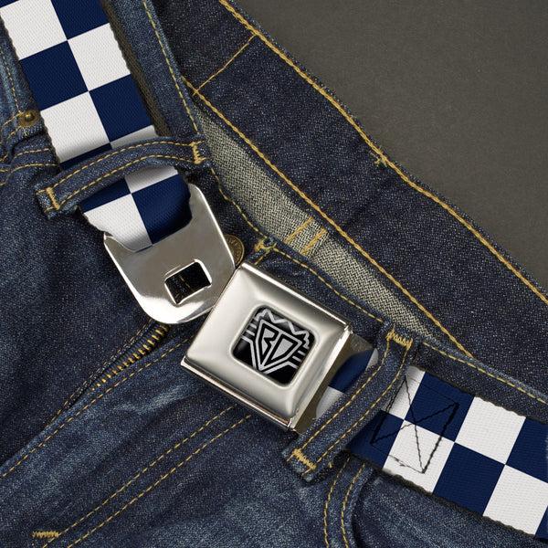 Buckle-Down BD Wings Logo CLOSE-UP Full Color Black Silver Seatbelt Belt - Checker Midnight Blue/White Webbing