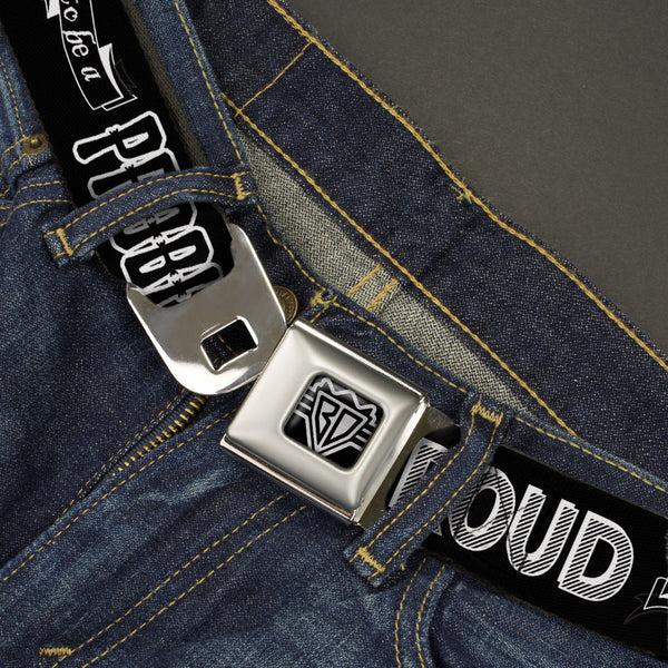 Buckle-Down BD Wings Logo CLOSE-UP Full Color Black Silver Seatbelt Belt - PROUD TO BE A PROBLEM Black/White Webbing