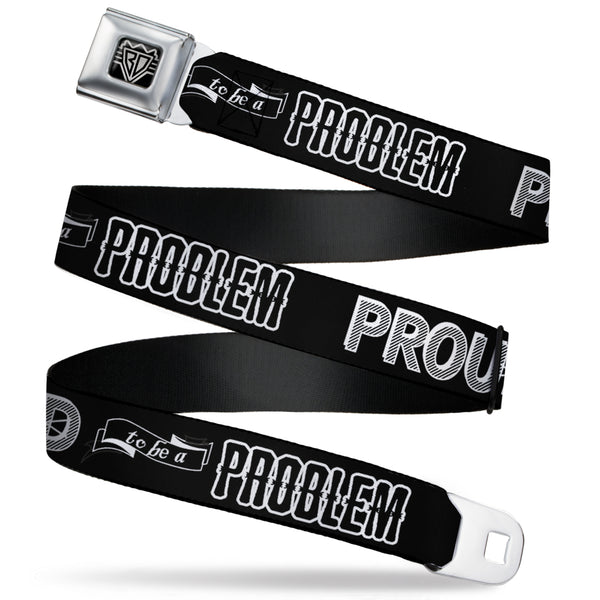 Buckle-Down BD Wings Logo CLOSE-UP Full Color Black Silver Seatbelt Belt - PROUD TO BE A PROBLEM Black/White Webbing