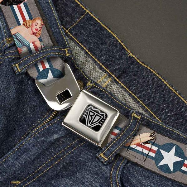 Buckle-Down BD Wings Logo CLOSE-UP Full Color Black Silver Seatbelt Belt - Pin Up Girl Poses CLOSE-UP Star & Stripes Gray/Blue/White/Red Webbing