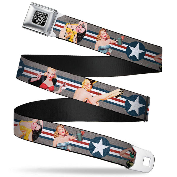 Buckle-Down BD Wings Logo CLOSE-UP Full Color Black Silver Seatbelt Belt - Pin Up Girl Poses CLOSE-UP Star & Stripes Gray/Blue/White/Red Webbing
