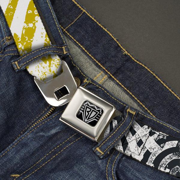 Buckle-Down BD Wings Logo CLOSE-UP Full Color Black Silver Seatbelt Belt - Grunge Chaos2 White/Blue-Yellow Fade Webbing