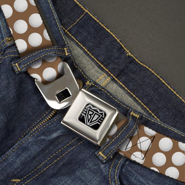 Buckle-Down BD Wings Logo CLOSE-UP Full Color Black Silver Seatbelt Belt - Golf Balls Tan/White Webbing