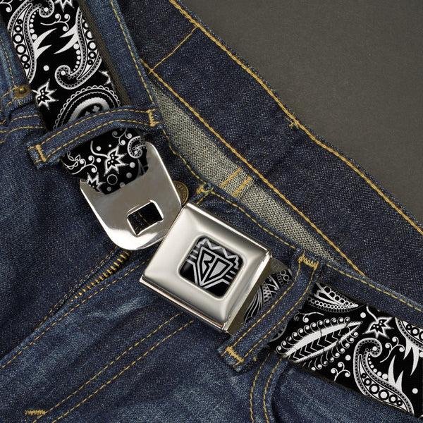 Buckle-Down BD Wings Logo CLOSE-UP Full Color Black Silver Seatbelt Belt - Floral Paisley3 Black/White Webbing