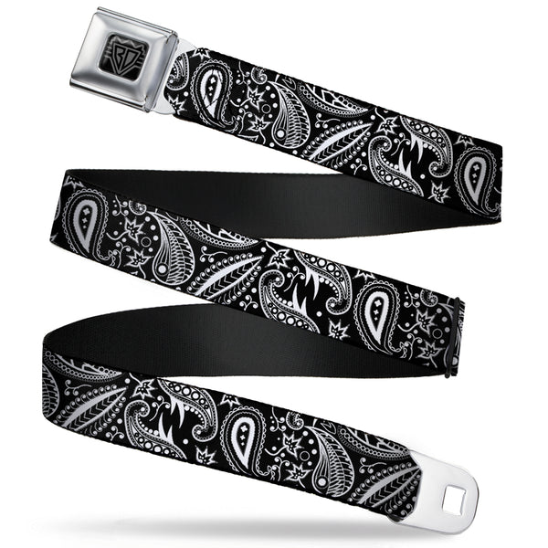 Buckle-Down BD Wings Logo CLOSE-UP Full Color Black Silver Seatbelt Belt - Floral Paisley3 Black/White Webbing