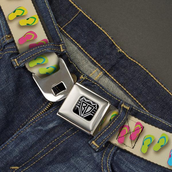 Buckle-Down BD Wings Logo CLOSE-UP Full Color Black Silver Seatbelt Belt - Flip Flops7 LIFE'S A BEACH Tan/Aqua/White Webbing