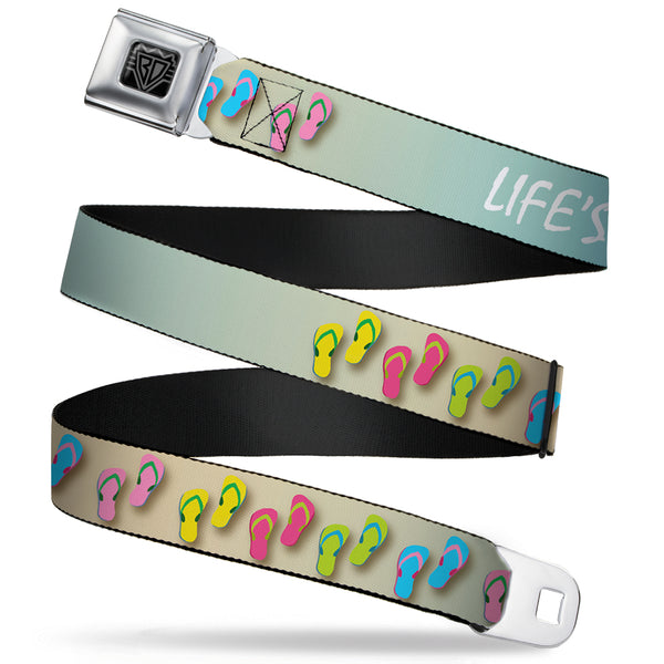 Buckle-Down BD Wings Logo CLOSE-UP Full Color Black Silver Seatbelt Belt - Flip Flops7 LIFE'S A BEACH Tan/Aqua/White Webbing