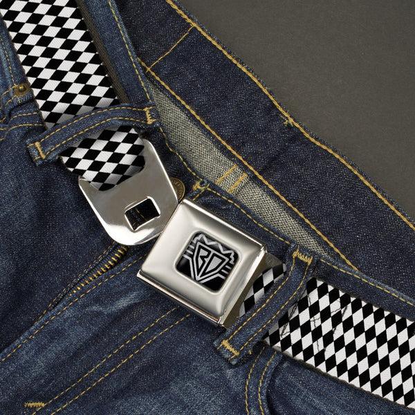 Buckle-Down BD Wings Logo CLOSE-UP Full Color Black Silver Seatbelt Belt - Diamonds Stripe White/Black Webbing