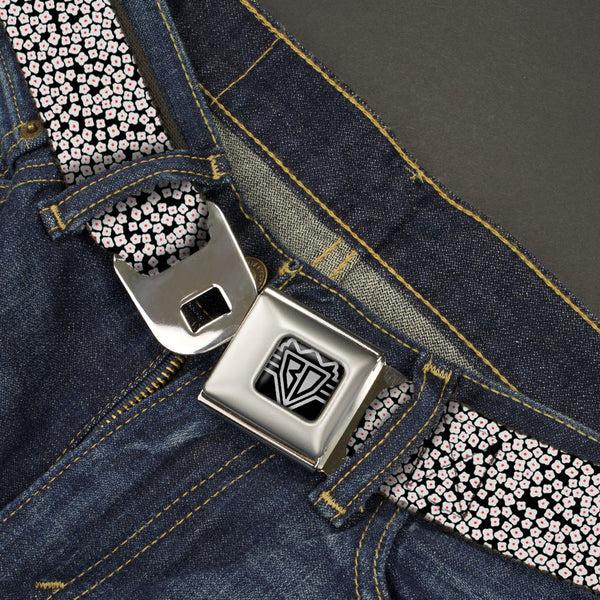 Buckle-Down BD Wings Logo CLOSE-UP Full Color Black Silver Seatbelt Belt - Ditsy Floral Black/White/Red Webbing
