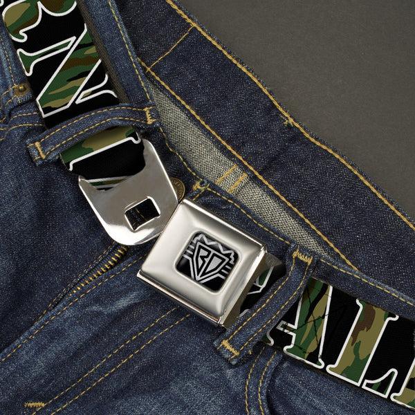 Buckle-Down BD Wings Logo CLOSE-UP Full Color Black Silver Seatbelt Belt - CALIFORNIA/Bear Silhouette Black/Camo Olive Webbing