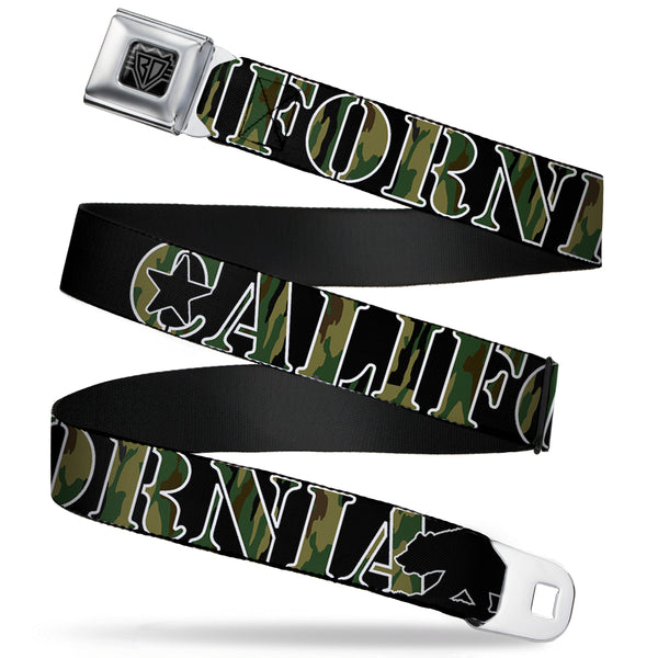 Buckle-Down BD Wings Logo CLOSE-UP Full Color Black Silver Seatbelt Belt - CALIFORNIA/Bear Silhouette Black/Camo Olive Webbing